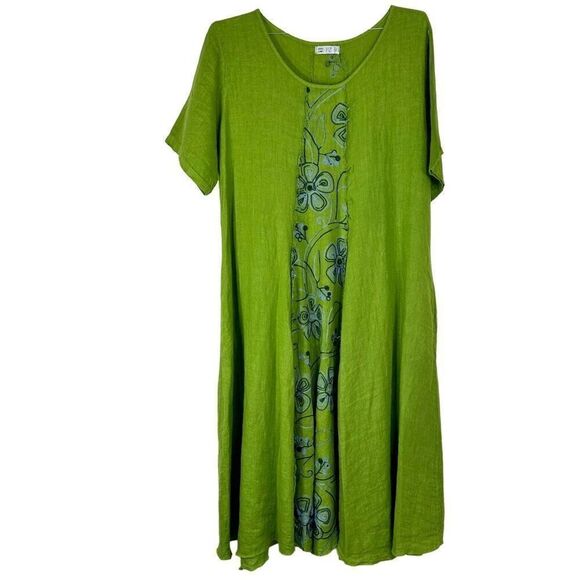 100% Linen Green Floral Embroidered Sundress Womens One Dress Boho Lagenlook - Picture 1 of 11